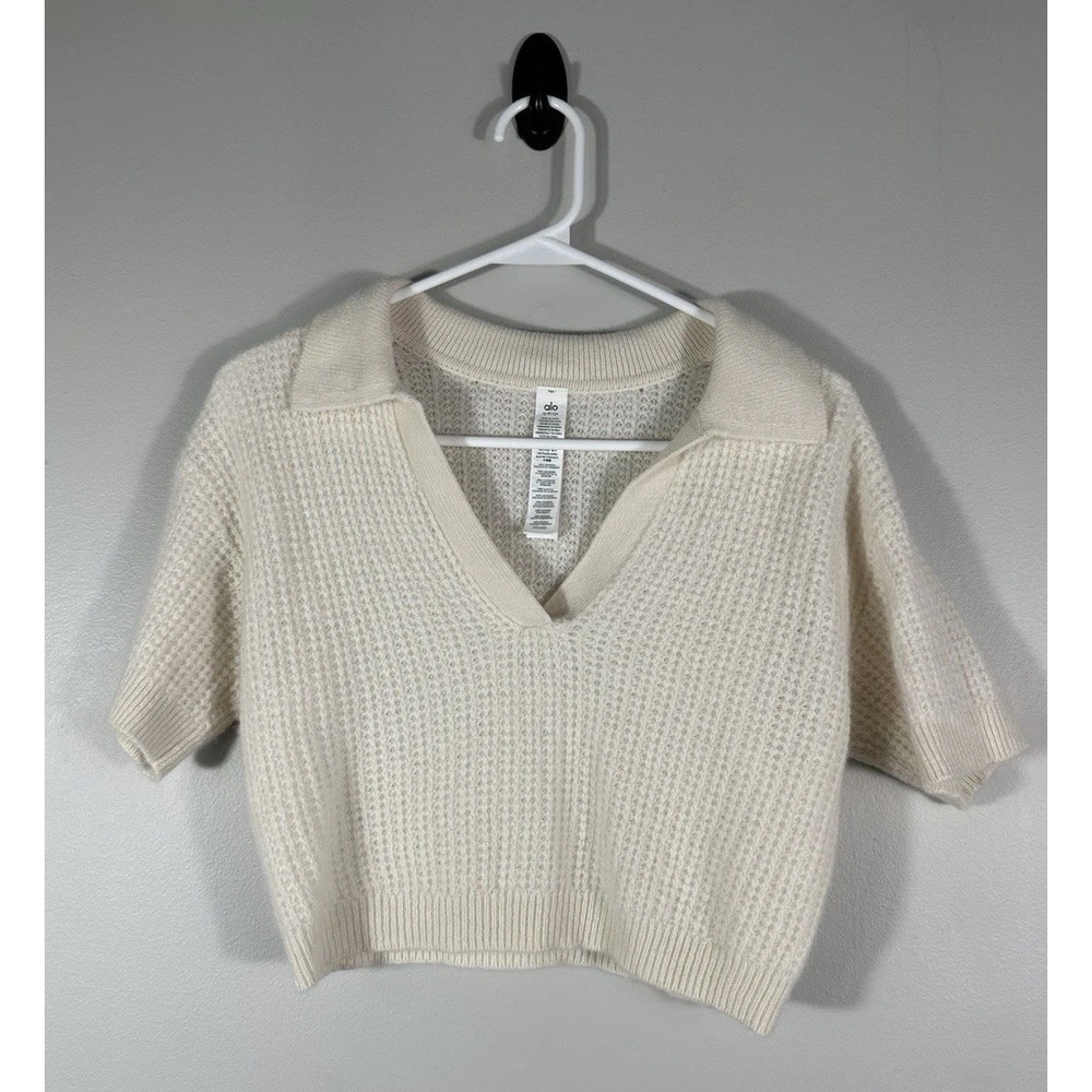 Alo Cashmere Plush Waffle Polo Tee Womens Small Ivory Cozy Cropped
